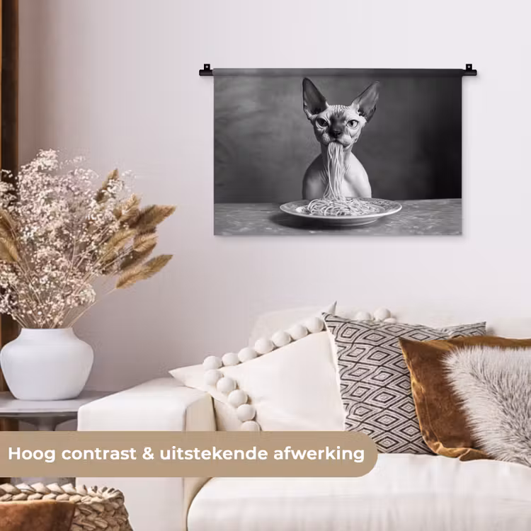 Sphynx - Kat - Dieren - Humor - Spaghetti - Zwart Wit Wandkleed katoen klein -sfeer1