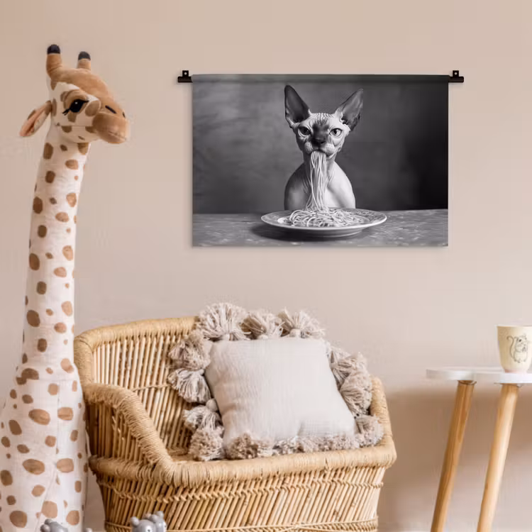 Sphynx - Kat - Dieren - Humor - Spaghetti - Zwart Wit Wandkleed katoen klein -wsfeer5_kind