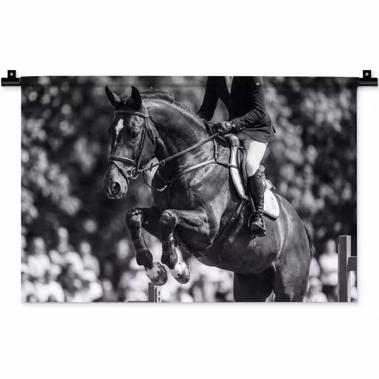 Springen - Paard - Zwart - Wit Wandkleed katoen klein -zz3d