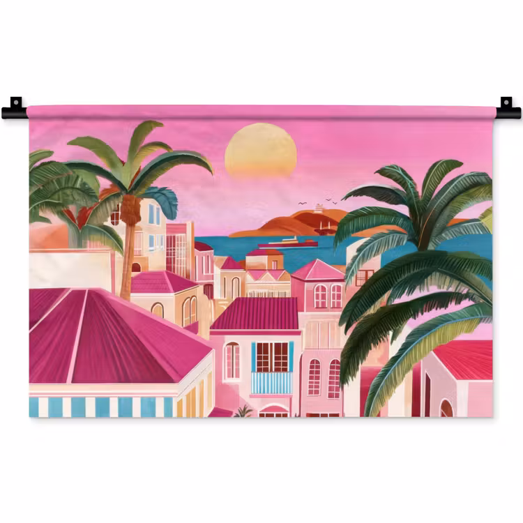 Stad - Roze - Palmbomen Wandkleed katoen klein -zz3d