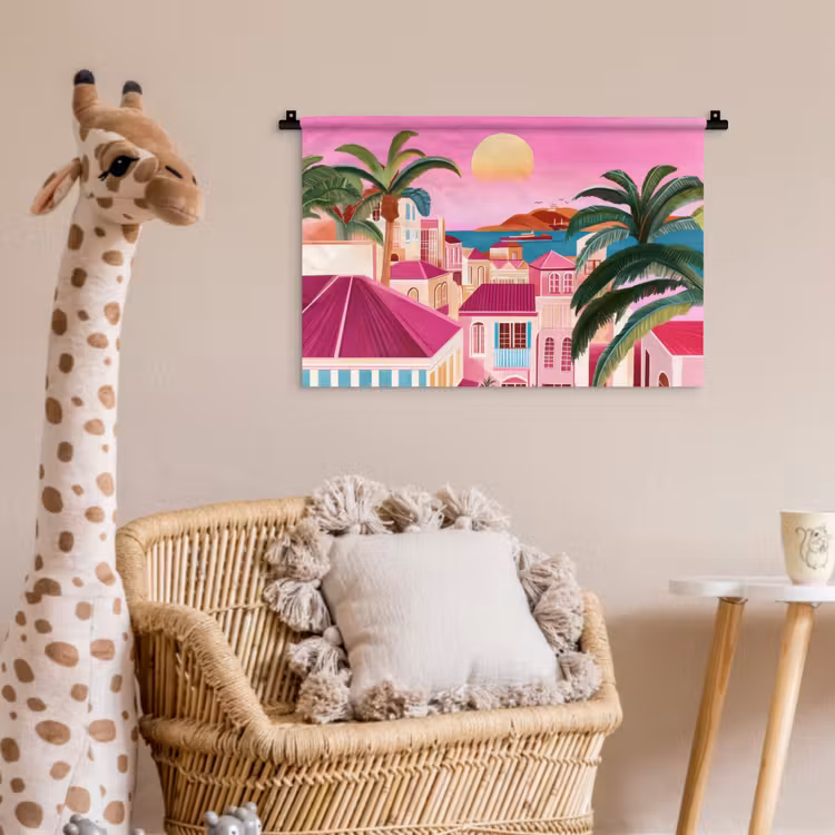 Stad - Roze - Palmbomen Wandkleed katoen klein -wsfeer5_kind