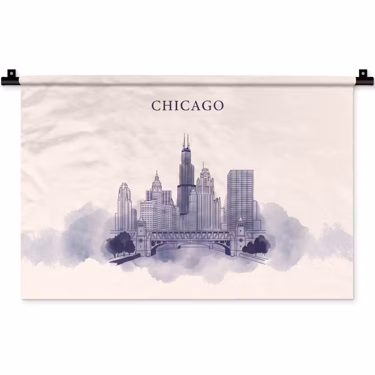 Stad - Skyline - Architectuur - Lijntekening - Blauw Wandkleed katoen klein -zz3d