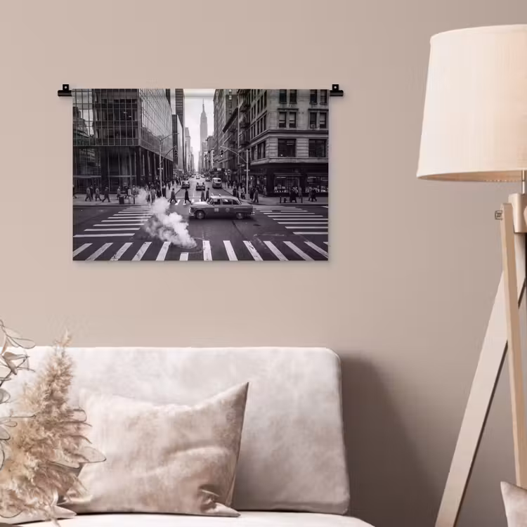 Stad - Straat - Gebouwen - Verkeer - Zwart-wit Wandkleed katoen klein -sfeer4