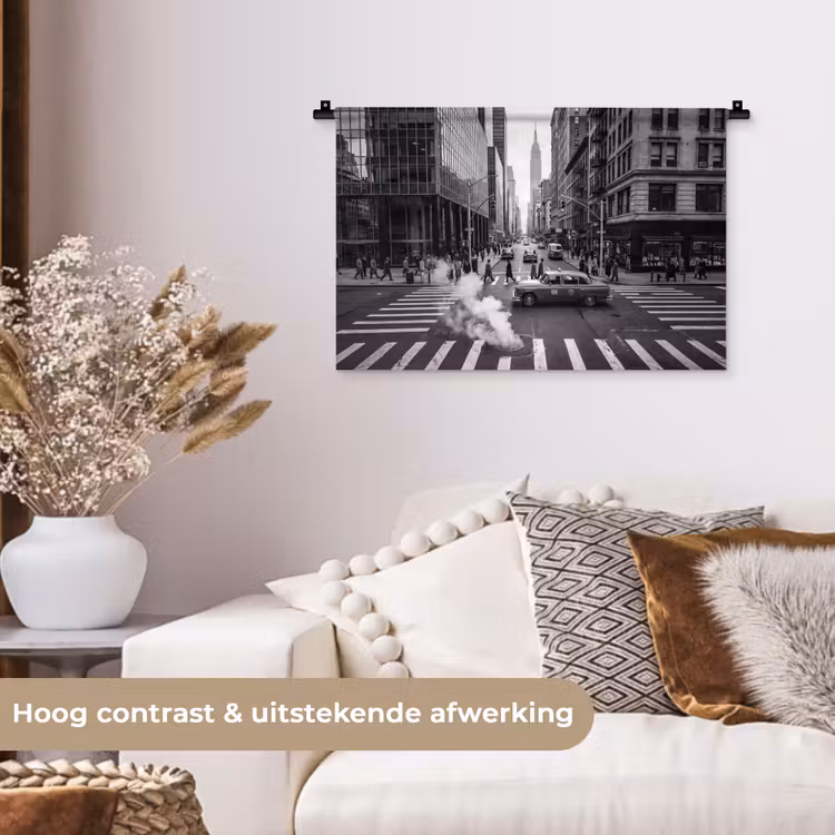 Stad - Straat - Gebouwen - Verkeer - Zwart-wit Wandkleed katoen klein -sfeer1