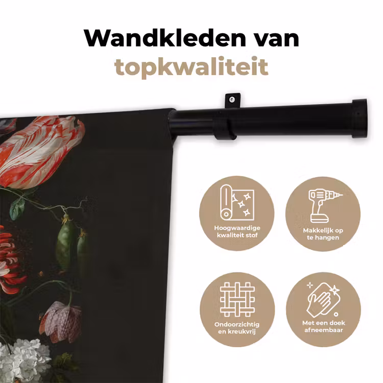 Stilleven met bloemen in een glazen vaas - Schilderij van Jan Davidsz. de Heem Wandkleed katoen klein -sfeer2