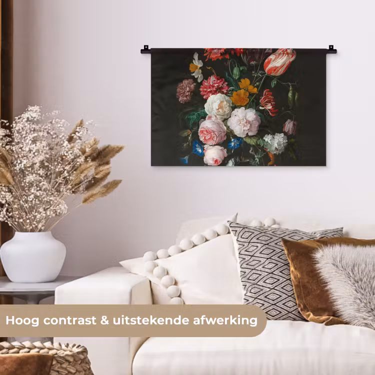 Stilleven met bloemen in een glazen vaas - Schilderij van Jan Davidsz. de Heem Wandkleed katoen klein -sfeer1