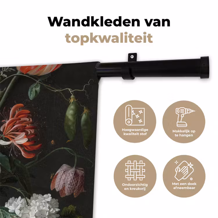 Stilleven met bloemen in een glazen vaas - Schilderij van Jan Davidsz. de Heem Wandkleed katoen klein -sfeer2