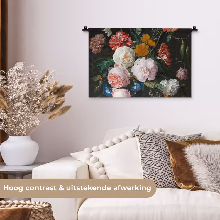 Stilleven met bloemen in een glazen vaas - Schilderij van Jan Davidsz. de Heem Wandkleed katoen klein -sfeer1