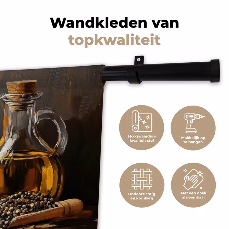 Stilleven - Olijfolie - Knoflook - Kruiden Wandkleed katoen klein -sfeer2