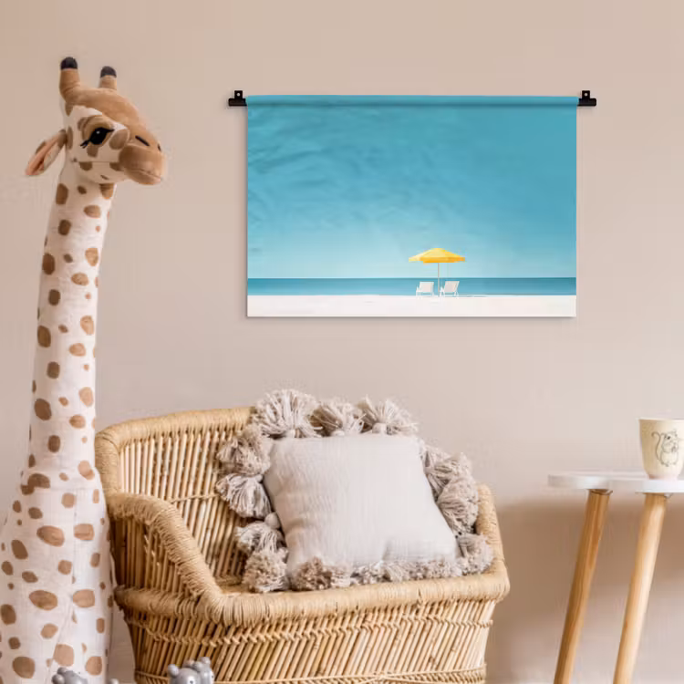 Strand - Blauwe lucht - Geel - Parasol Wandkleed katoen klein -wsfeer5_kind