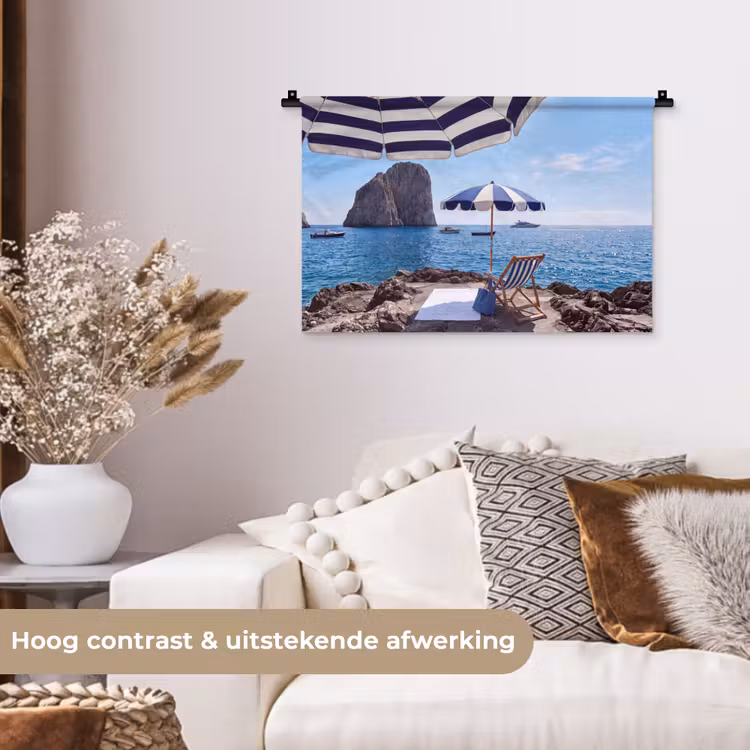 Strand - Ligstoel - Parasol - Zomer - Blauw Wandkleed katoen klein -sfeer1