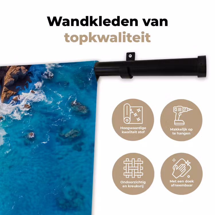 Strand - Zee - Rotsen - Natuur - Blauw Wandkleed katoen klein -sfeer2