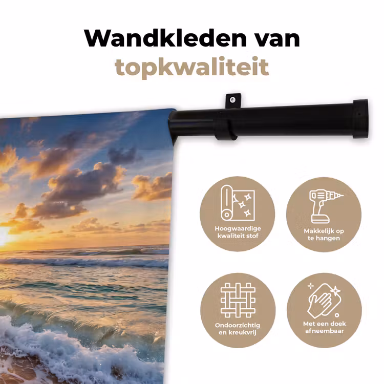 Strand - Zonsondergang - Golven - Natuur - Goud Wandkleed katoen klein -sfeer2
