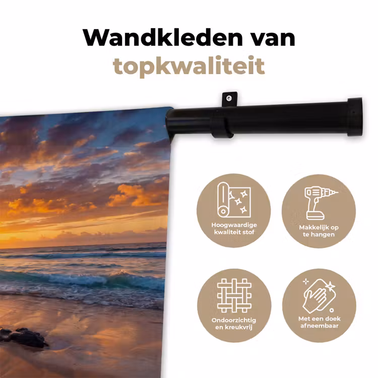 Strand - Zonsondergang - Golven - Natuur - Oranje Wandkleed katoen klein -sfeer2