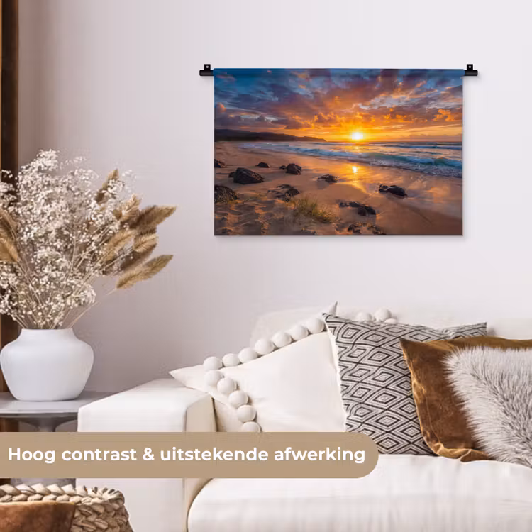 Strand - Zonsondergang - Golven - Natuur - Oranje Wandkleed katoen klein -sfeer1