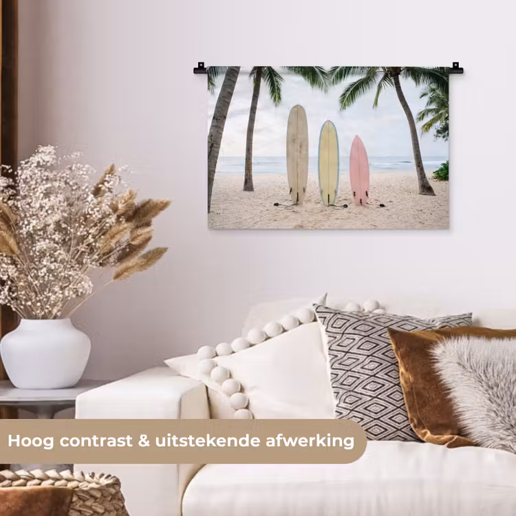 Surfboard - Palmbomen - Kleurrijk Wandkleed katoen klein -sfeer1