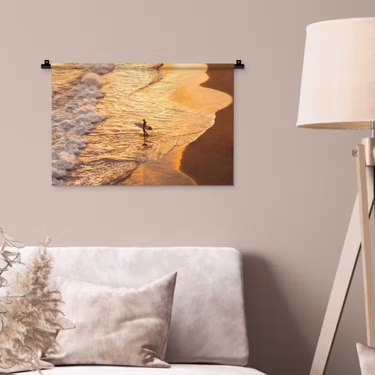 Surfer - Strand - Zonsondergang - Oceaan - Goud Wandkleed katoen klein -sfeer4