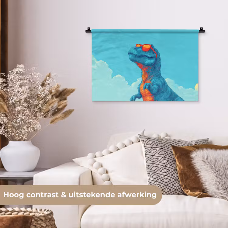 T-Rex - Blauw - Wolken - Zonnebril Wandkleed katoen klein -sfeer1