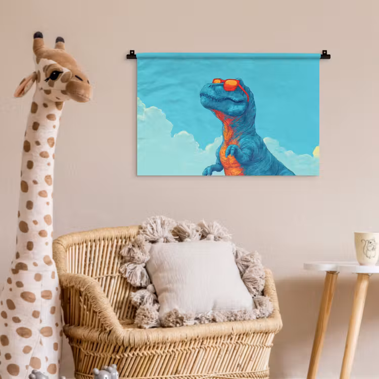 T-Rex - Blauw - Wolken - Zonnebril Wandkleed katoen klein -wsfeer5_kind