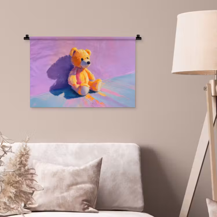 Teddybeer - Schaduw - Penseelstreken - Paars Wandkleed katoen klein -sfeer4