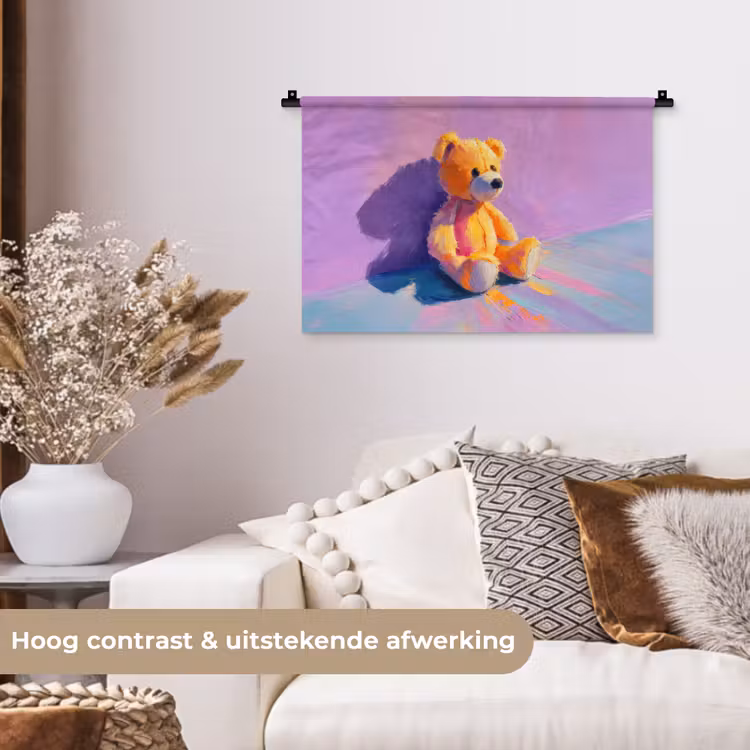 Teddybeer - Schaduw - Penseelstreken - Paars Wandkleed katoen klein -sfeer1