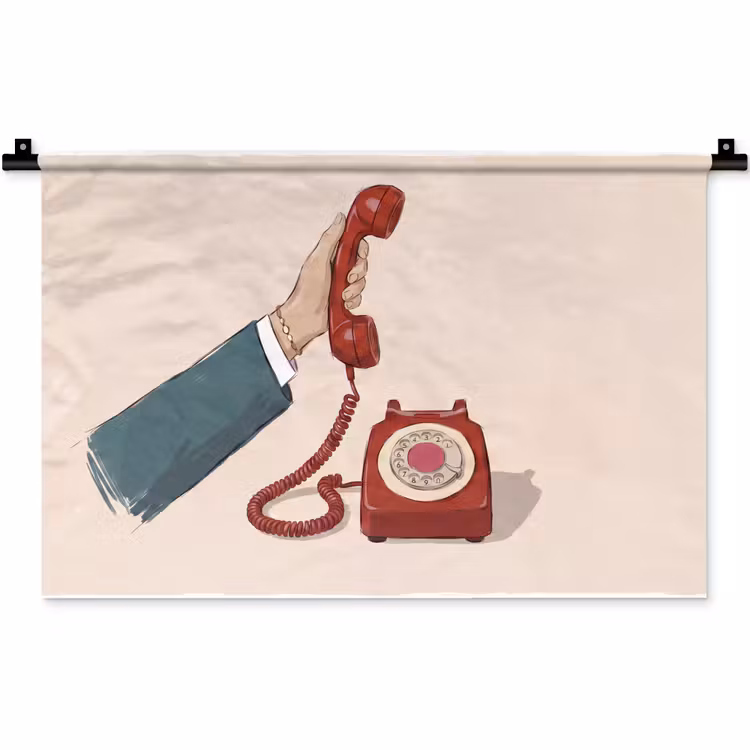 Telefoon - Hand - Vintage - Communicatie - Rood Wandkleed katoen klein -zz3d