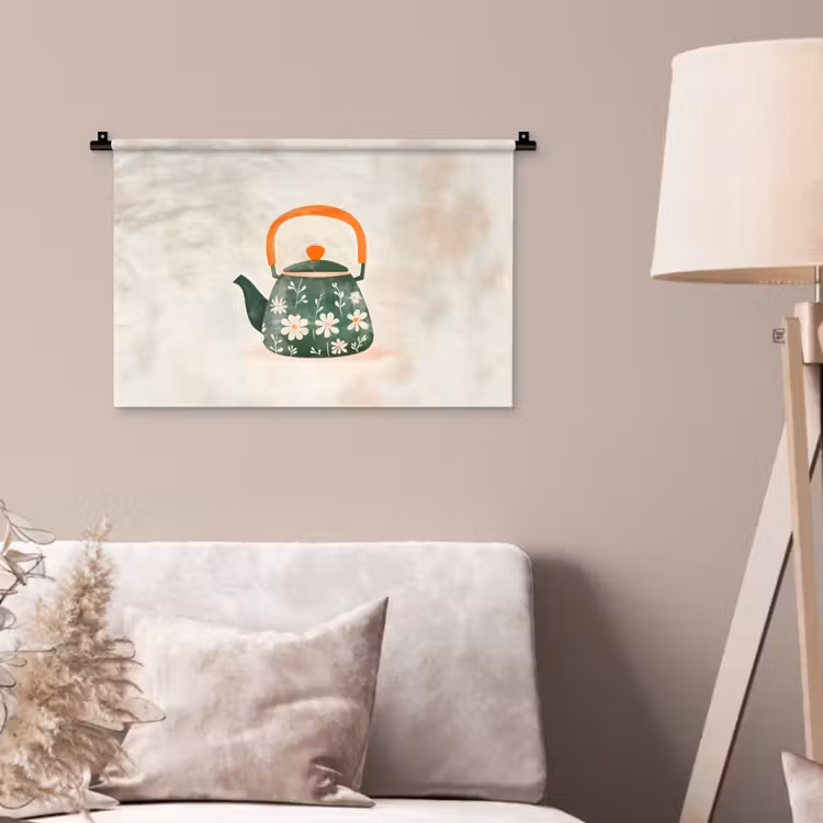 Theepot - Groen - Bloemen - Oranje Wandkleed katoen klein -sfeer4
