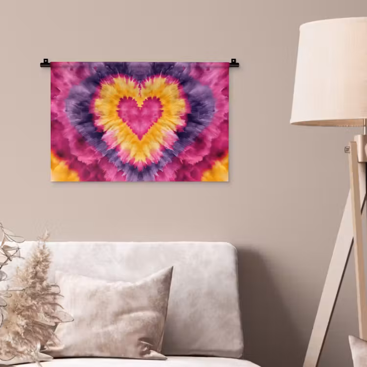 Tie dye - Hartvorm - Vlammen - Oranje Wandkleed katoen klein -sfeer4