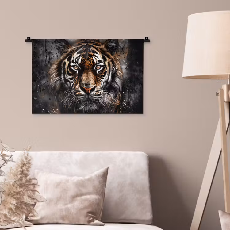 Tijger - Dieren - Portret - Luxe - Zwart Wandkleed katoen klein -sfeer4