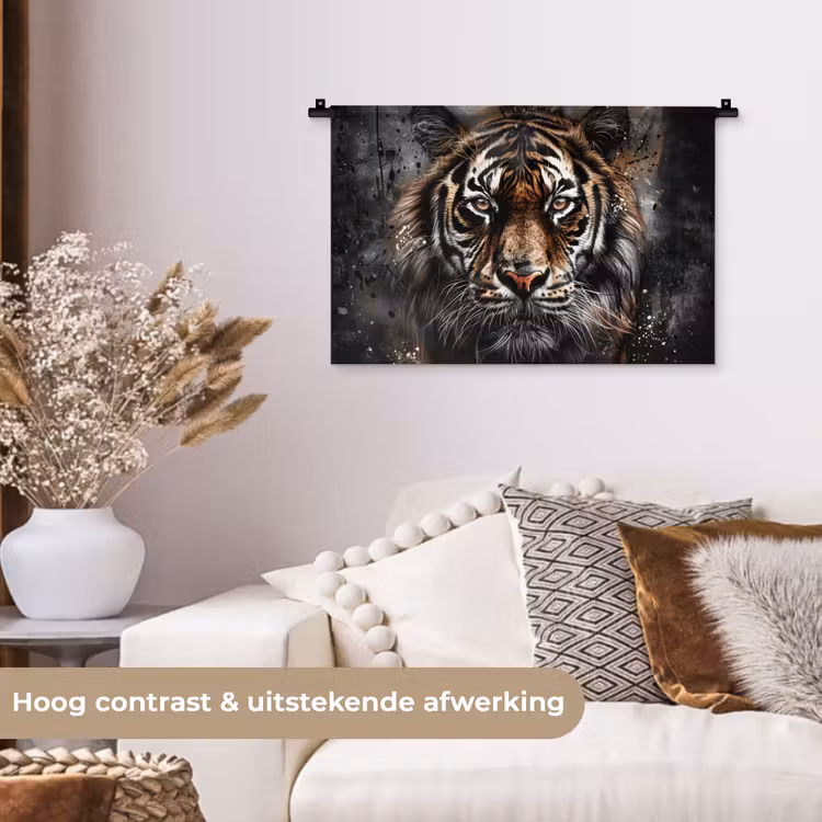 Tijger - Dieren - Portret - Luxe - Zwart Wandkleed katoen klein -sfeer1