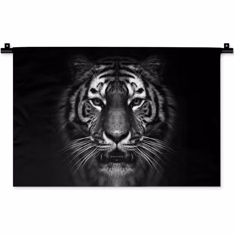 Tijger - Dieren - Zwart - Wit - Portret - Wild Wandkleed katoen klein -zz3d