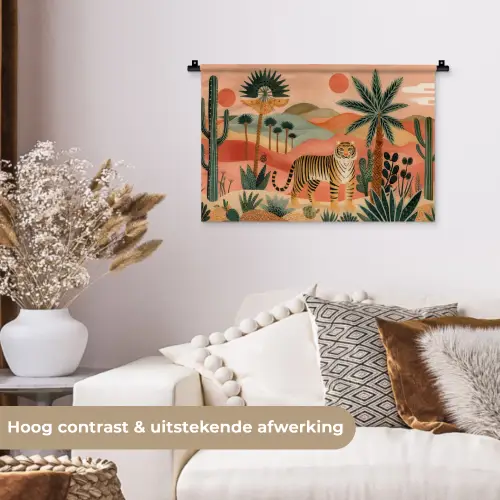 Tijger - Palmen - Cactus - Oranje Wandkleed katoen klein -sfeer1