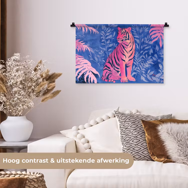 Tijger - Roze - Bladeren - Jungle Wandkleed katoen klein -sfeer1