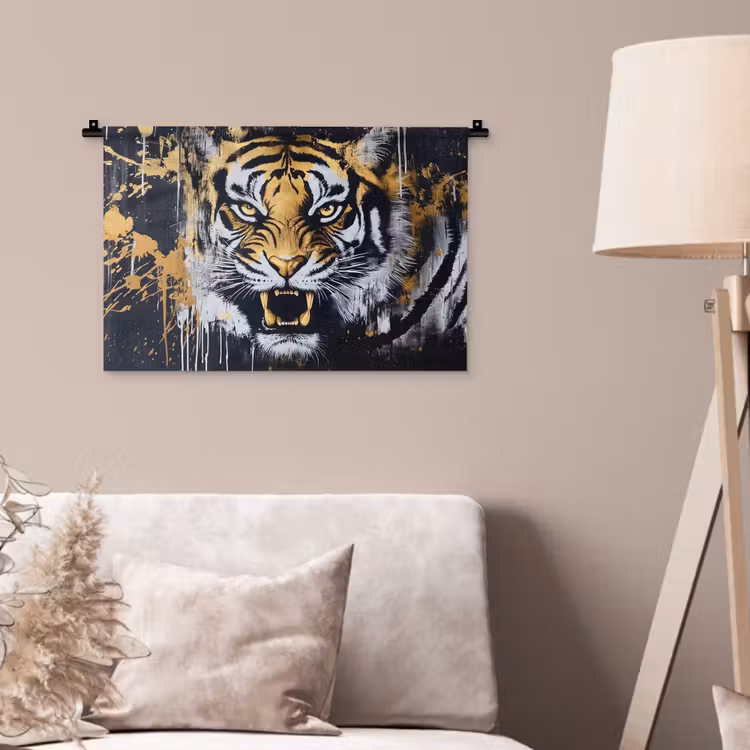 Tijger - Verfspatten - Goud Wandkleed katoen klein -sfeer4
