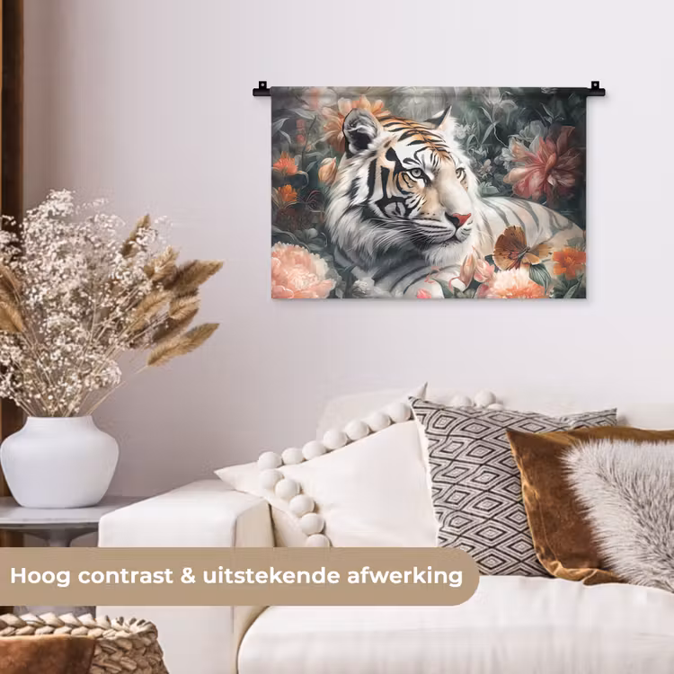 Tijger - Wilde dieren - Bloemen - Jungle Wandkleed katoen klein -sfeer1