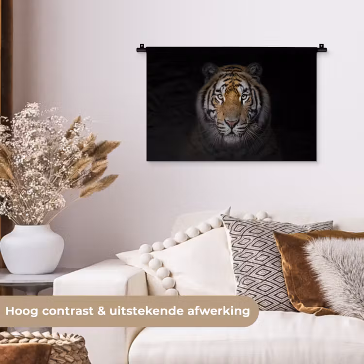Tijger - Wilde dieren - Portret - Zwart - Dieren Wandkleed katoen klein -sfeer1