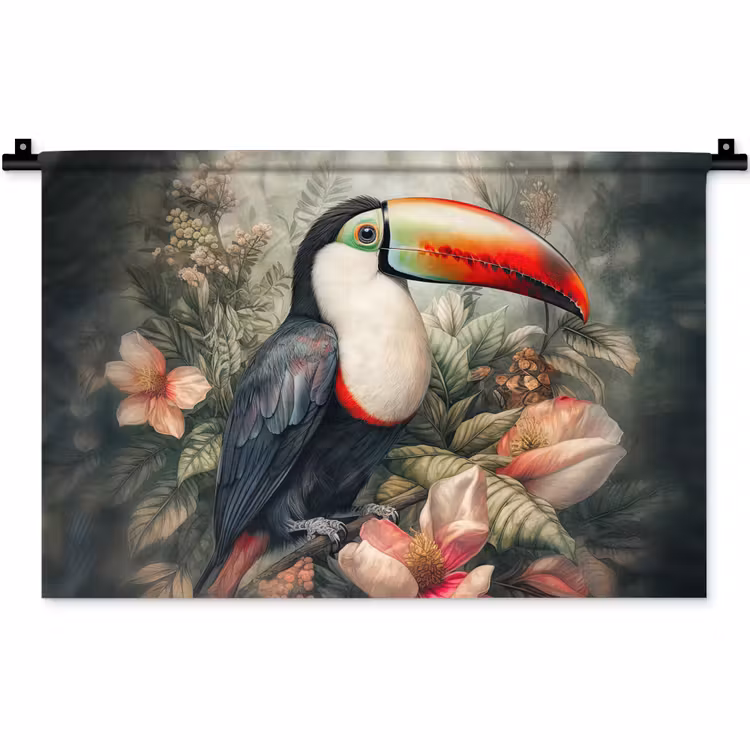 Toekan - Vogels - Bloemen - Planten - Tropisch Wandkleed katoen klein -zz3d