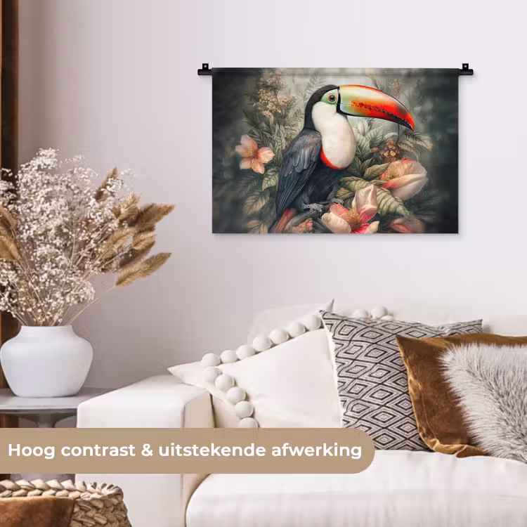 Toekan - Vogels - Bloemen - Planten - Tropisch Wandkleed katoen klein -sfeer1