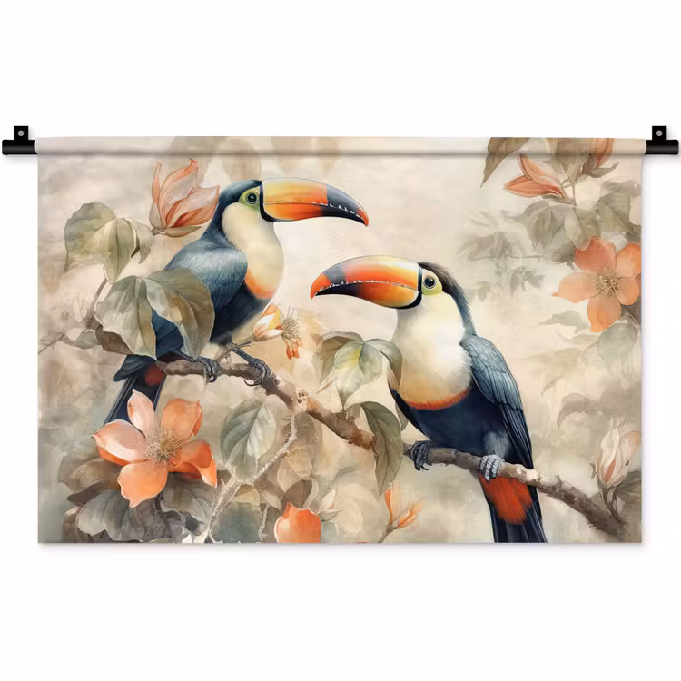 Toekan - Vogels - Bloemen - Tak Wandkleed katoen klein -zz3d