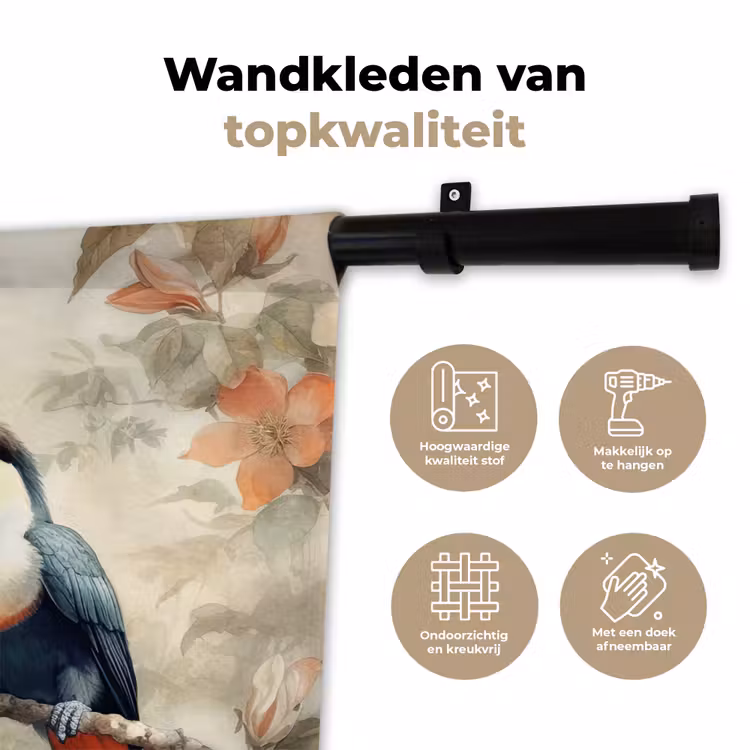 Toekan - Vogels - Bloemen - Tak Wandkleed katoen klein -sfeer2
