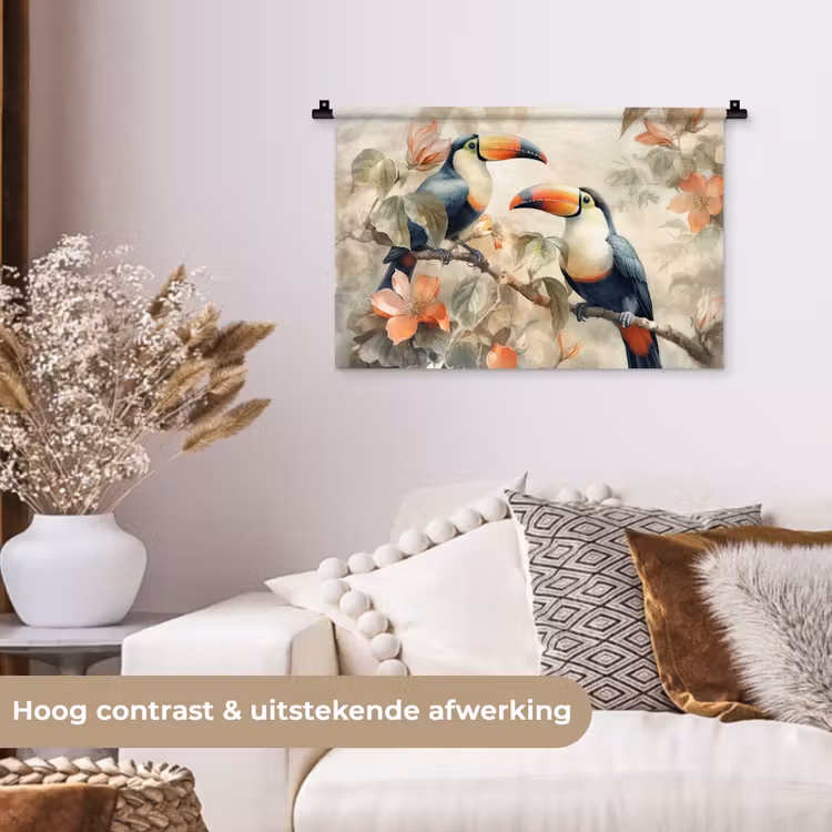Toekan - Vogels - Bloemen - Tak Wandkleed katoen klein -sfeer1