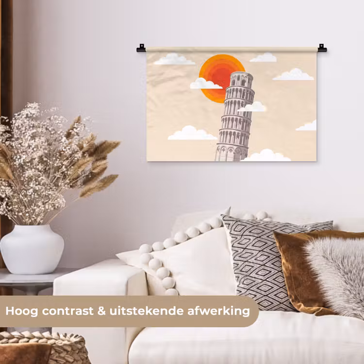 Toren - Pisa - Architectuur - Minimalistisch - Beige Wandkleed katoen klein -sfeer1