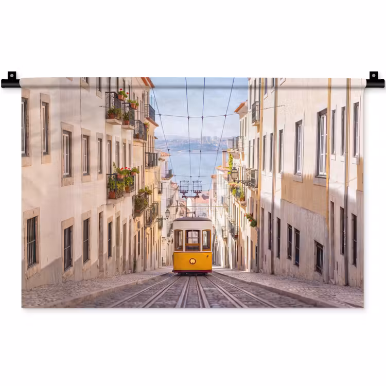 Tram - Straat - Stad - Architectuur - Geel Wandkleed katoen klein -zz3d