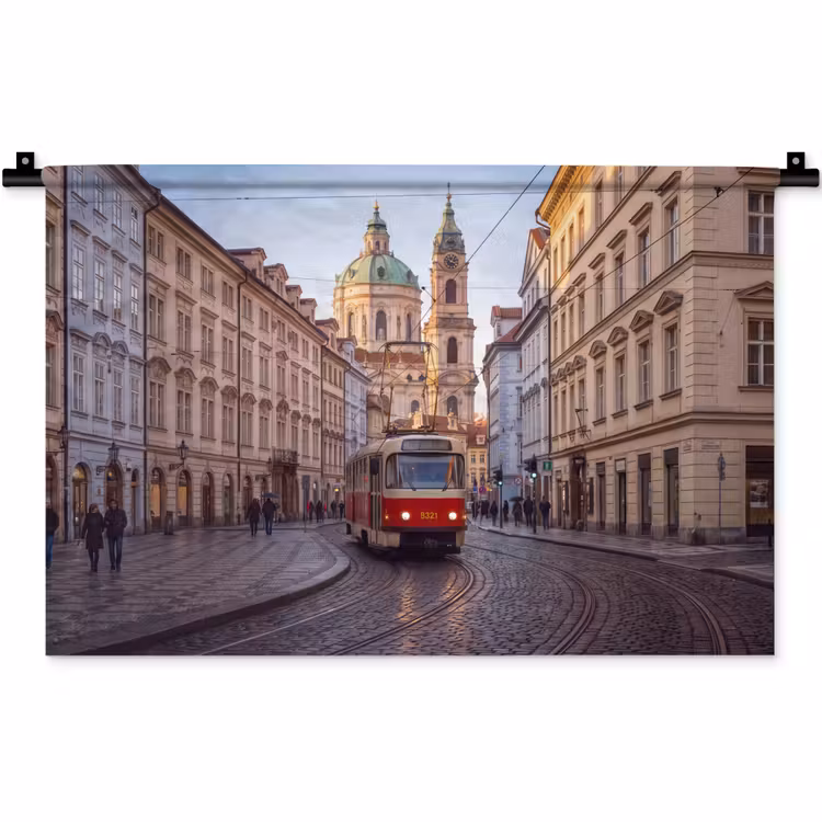 Tram - Straat - Stadsgezicht - Klassiek - Rood Wandkleed katoen klein -zz3d