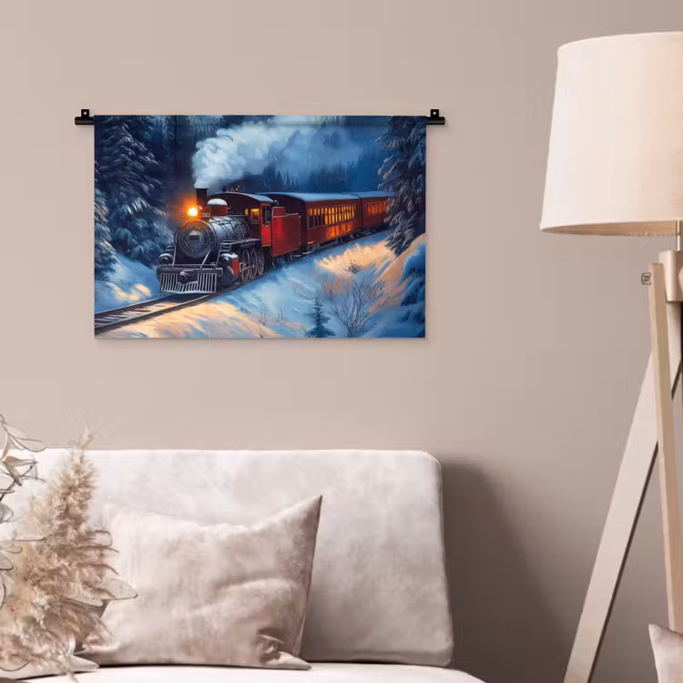 Trein - Kerst - Sneeuw - Kersttrein Wandkleed katoen klein -sfeer4
