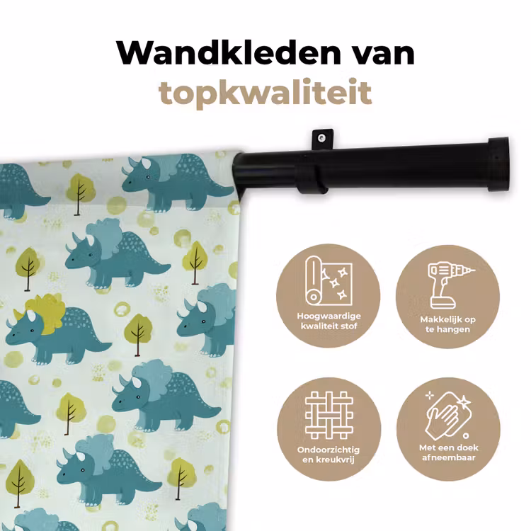 Triceratop - Blauw - Stippen - Boompjes Wandkleed katoen klein -sfeer2