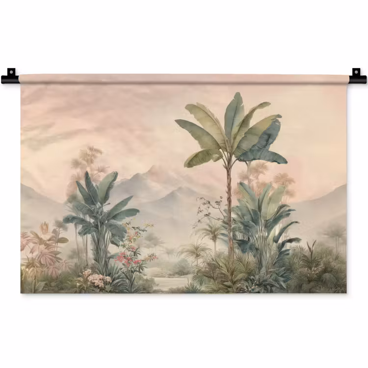 Tropisch landschap - palmbomen - Bloemen - Roze lucht Wandkleed katoen klein -zz3d