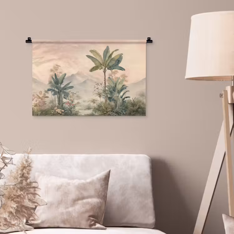 Tropisch landschap - palmbomen - Bloemen - Roze lucht Wandkleed katoen klein -sfeer4