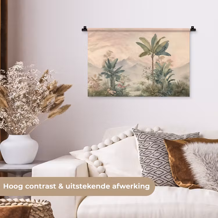 Tropisch landschap - palmbomen - Bloemen - Roze lucht Wandkleed katoen klein -sfeer1