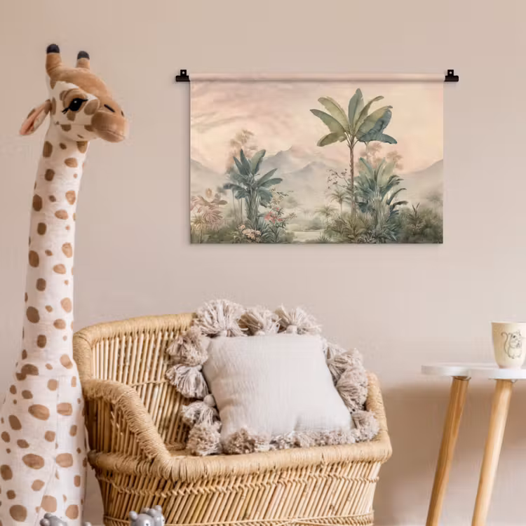 Tropisch landschap - palmbomen - Bloemen - Roze lucht Wandkleed katoen klein -wsfeer5_kind
